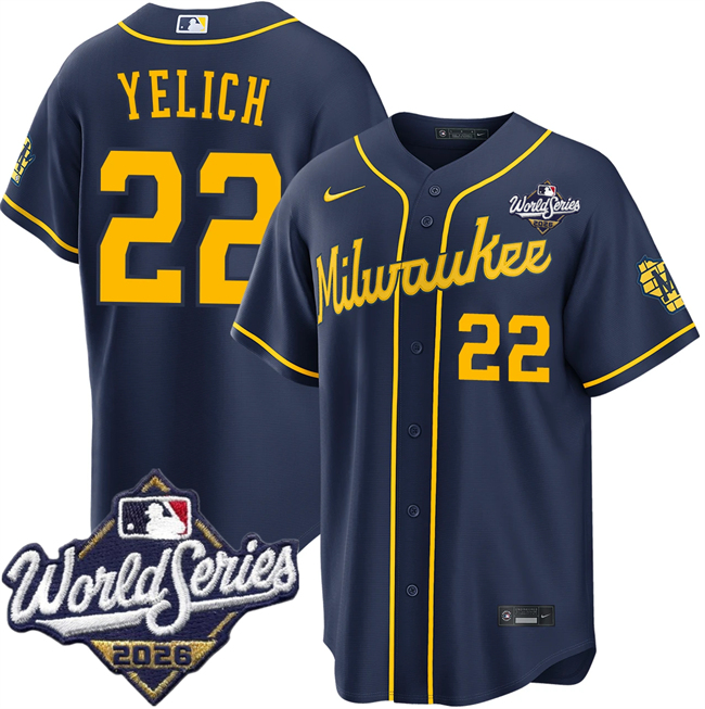 Men's Navy Milwaukee Brewers #22 Christian Yelich 2026 World Series Stitched Baseball Jersey